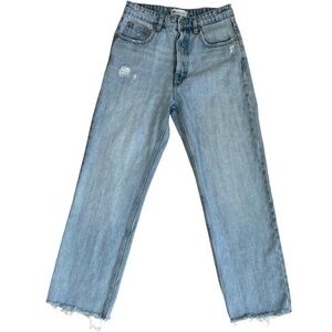 Zara High-Rise Straight Mom Jeans Button Fly Light Wash Frayed Hem Ripped Bum 4